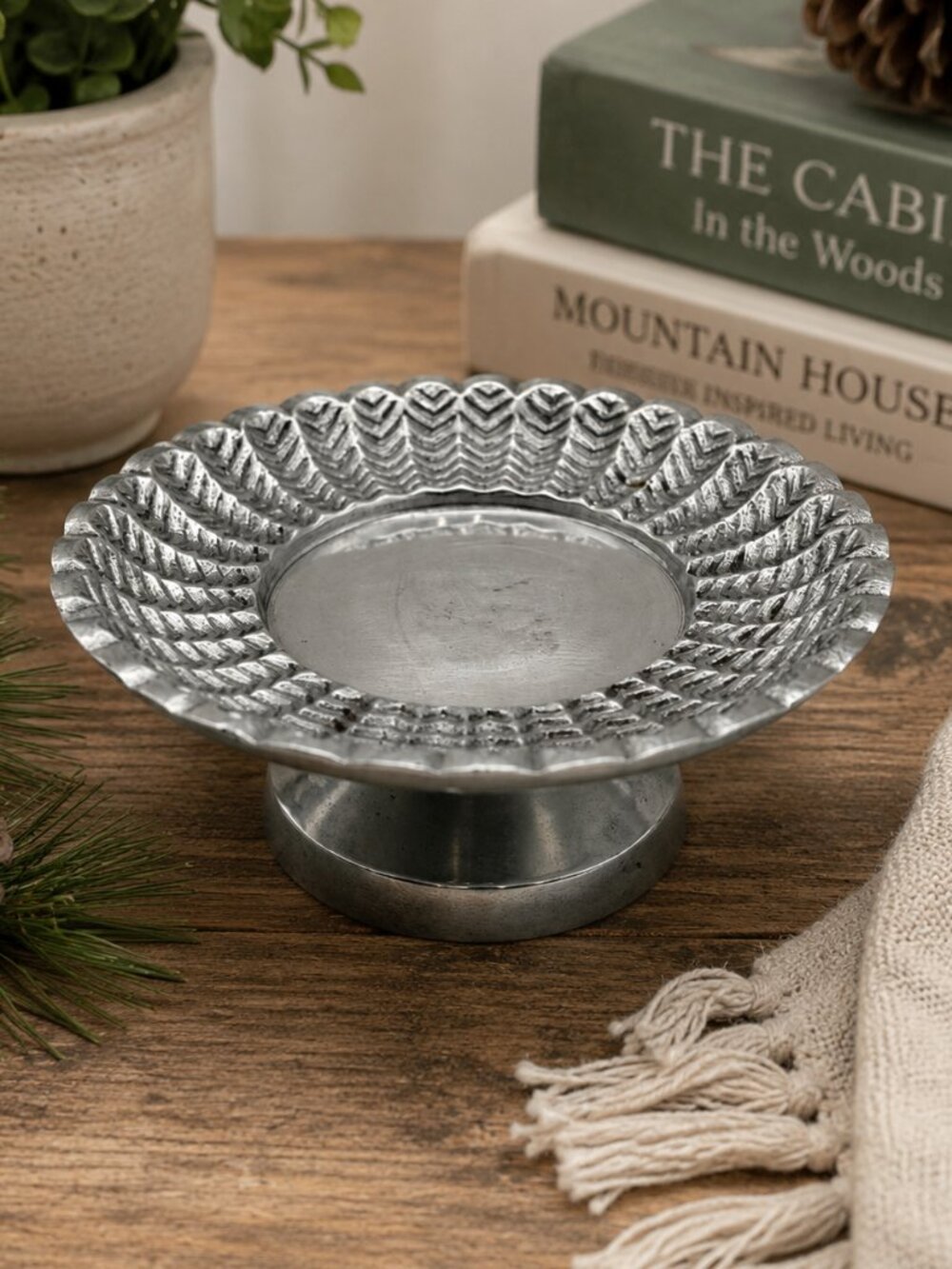 Vintage Silver Tone Pinecone Pedestal Nut Candy Trinket Dish